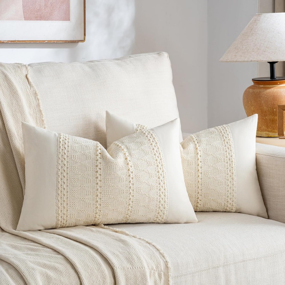Home Decor Modern Organic - Boho Cream Lumbar Pillow Cover 12x20